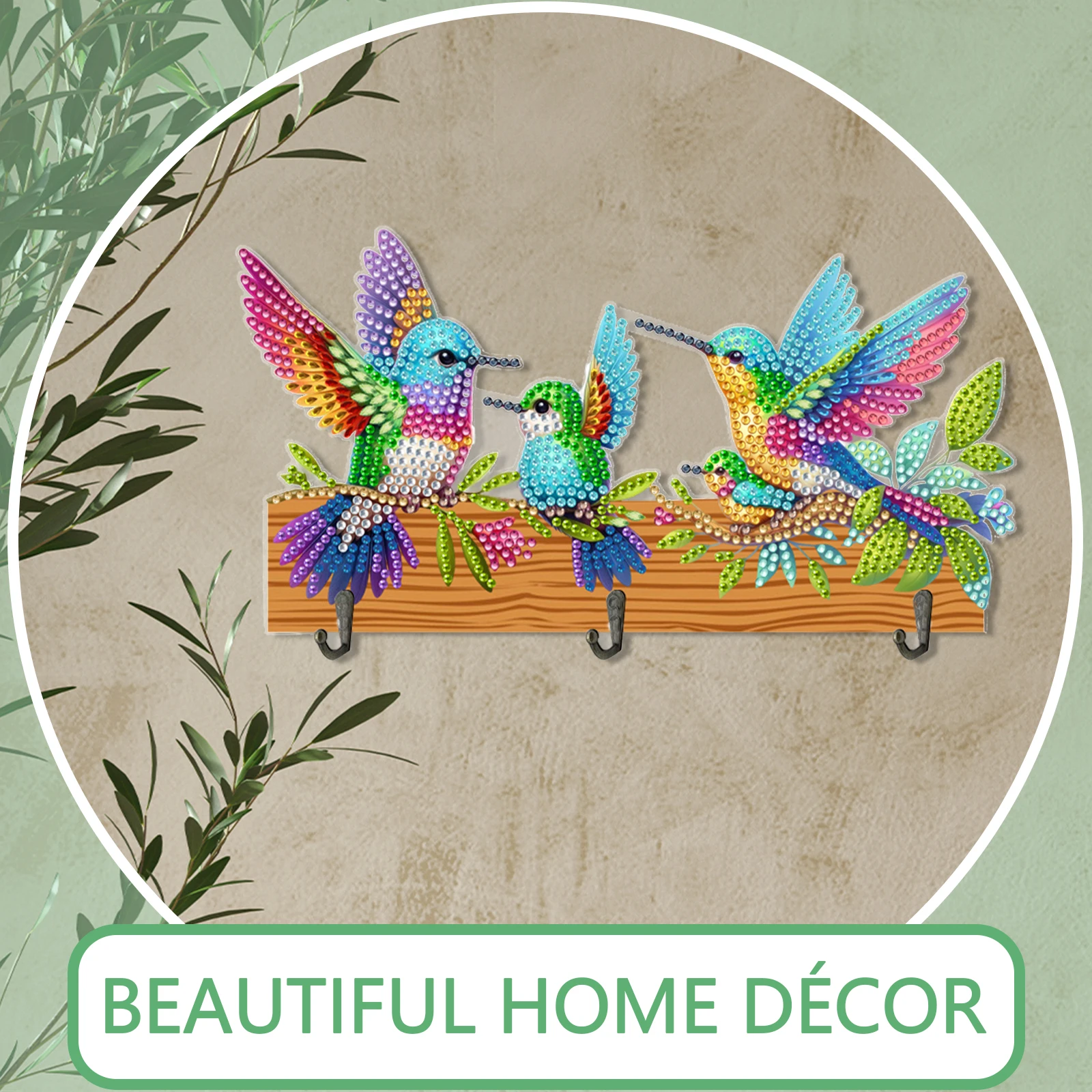 

Birds Theme Wood DIY Diamond Art Painting Hook Kit Creative Handmade Gift for Various Occasions No Hole Punching Wall Decoration
