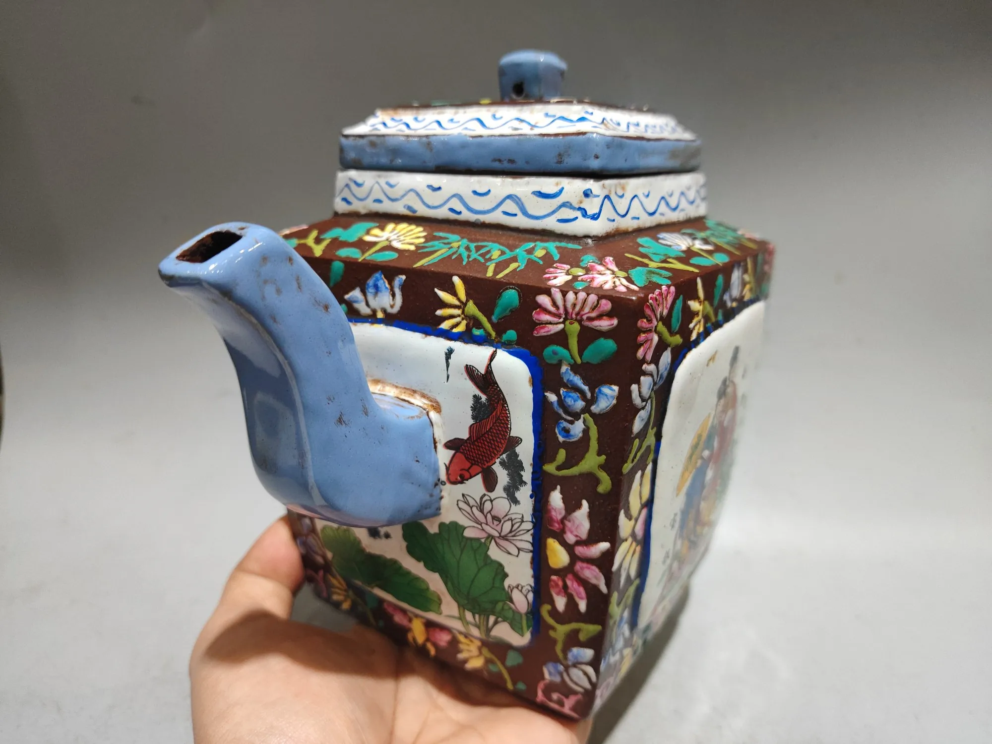 Raw purple clay ore high-end Pointillism Character patterns in Dream of the Red Chamber Enamel square pot Teapot Pot Tea Maker