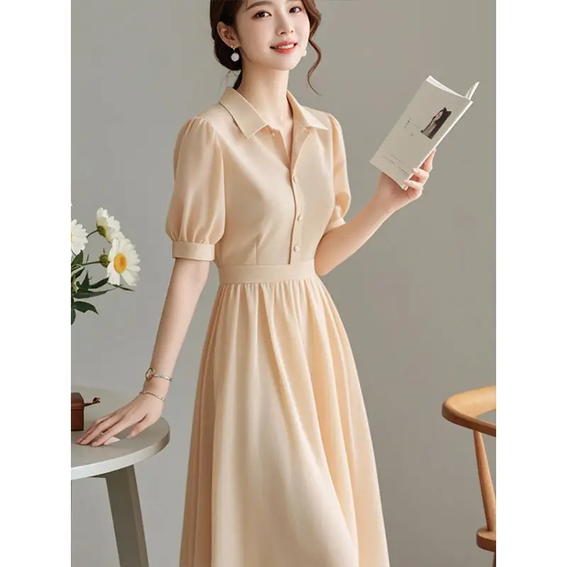 Fashion Chiffon Shirt Dress Women's Summer 2026 New Temperament High Light Luxury Long A-Line Dress Solid Shirts Dresses