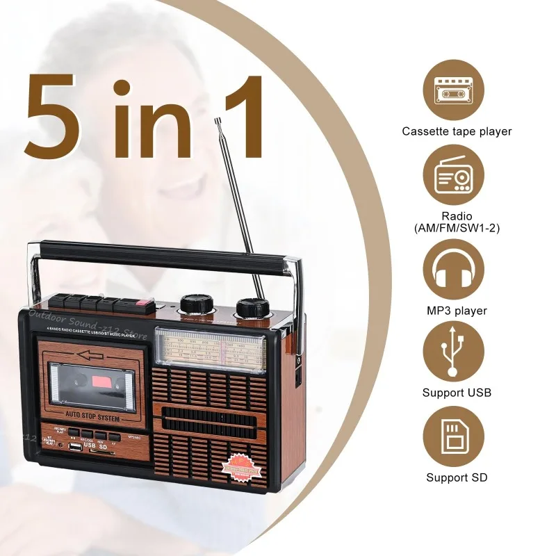 Portable Tape Player Boombox Cassette Player Combo with FM/AM/SW Stereo Radio All-in-one Wireless Bluetooth Speakers for Home