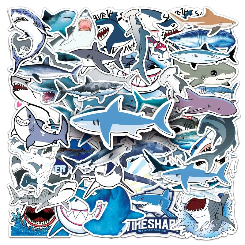 50Zhang Shark Graffiti Personalized Marine Life Goo Card Decoration Skateboard Cup Luggage Sticker Waterproof