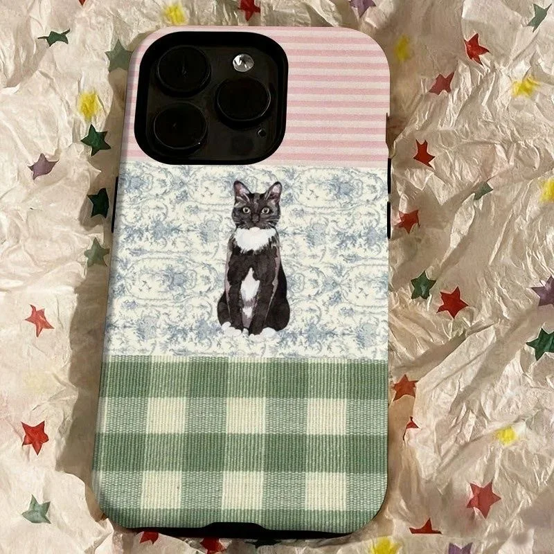 Vintage Patchwork Tuxedo Cat Print Glossy Casual Style Phone Case for iPhone 17 16 15 14 13 12 11 Pro Max Plus Back Cover view 2
