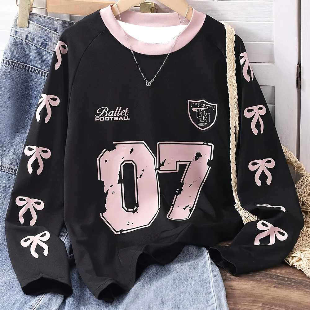 Spring And Autumn Women's Casual Long-Sleeved T-Shirt With Bow And Number 07 Pattern Print Loose Quick-Drying Round-Neck Top