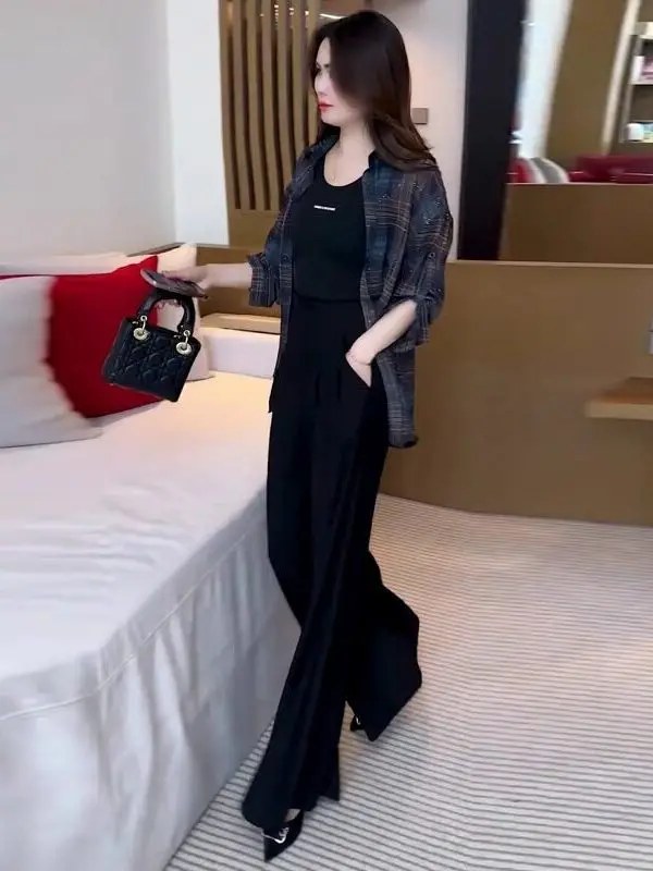 High-End plus Size Shirt Korean Fashion Casual Loose Slimming Plaid Outerwear Artistic Style Long Sleeve round Neck Single Bu... 4