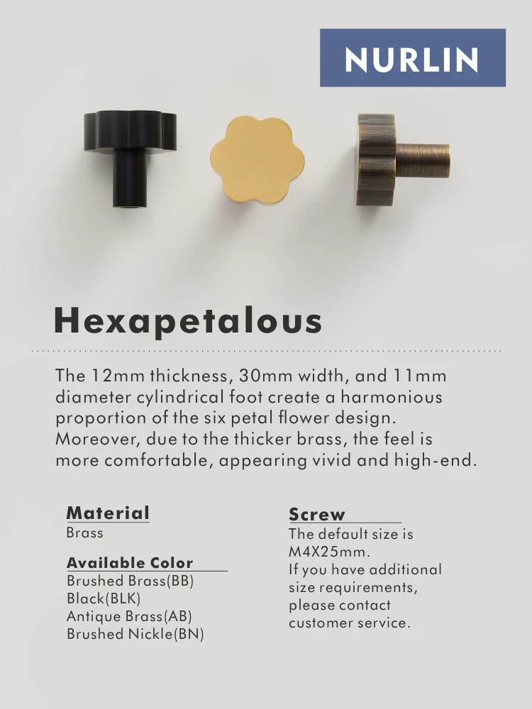 Nurlin Solid Brass Hexapetalous Flower Elegant Thickened Cabinet Knobs Furniture Handle Wall Clothes Cap Hook Available