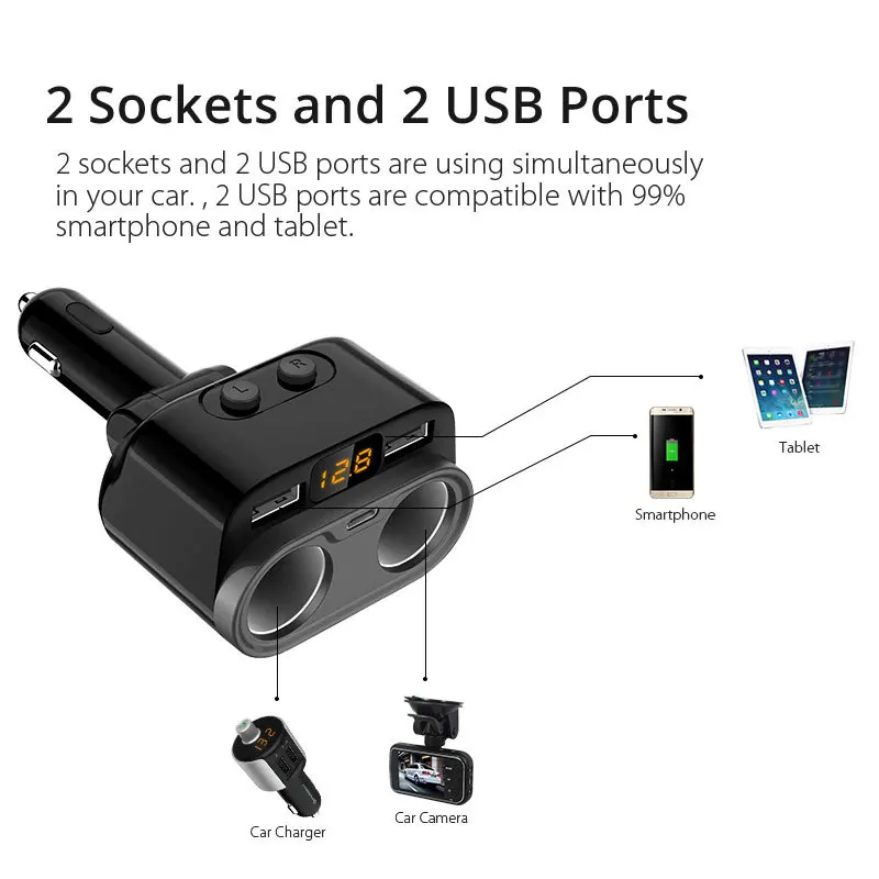 Car Charger 2 Sockets Cigarette-Lighter Splitter 12/24V USB Type-C Ports Separate Switch LED For Cell Phone GPS Dash Cam