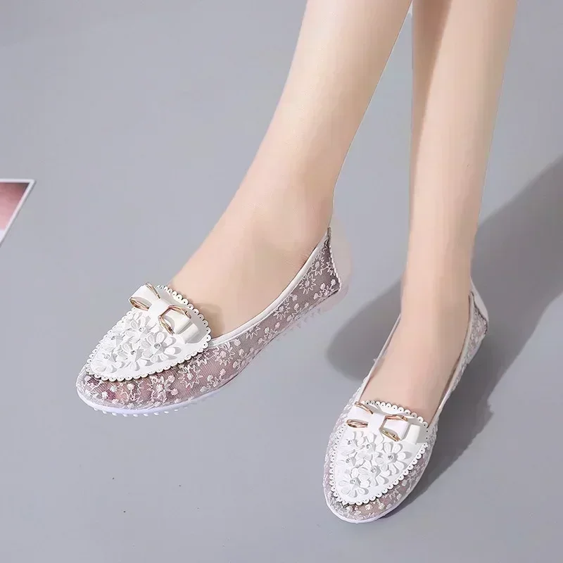 2024 New Summer Slip-on Women's Shoes Breathable Women's Flat Shoes Mesh Loafers Flat Applique Bow Tie Soft Sole Shoes