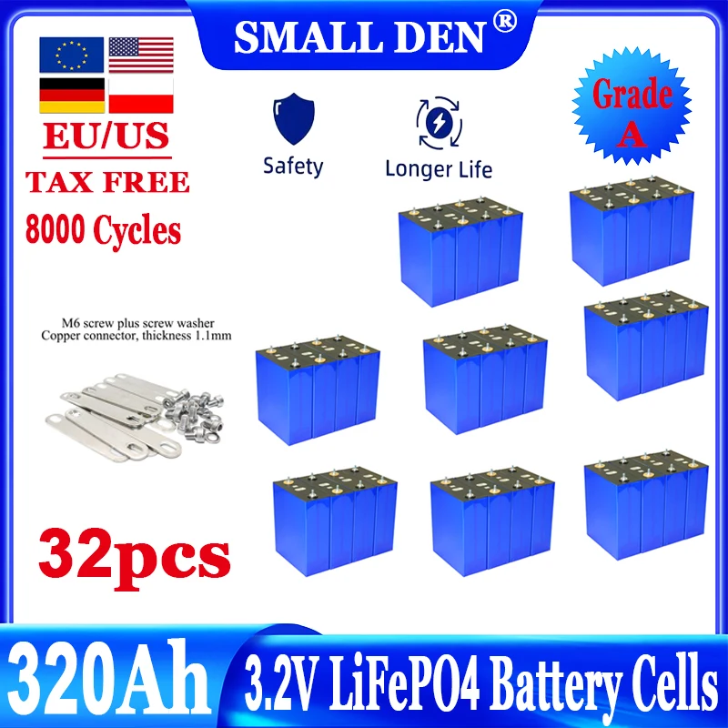 

32pcs 320Ah 8000 cycle LiFePO4 3.2V rechargeable battery, suitable for DIY 12V 24V 48V caravan marine solar energy system no tax