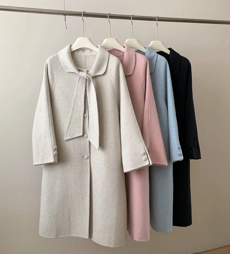 Winter High-End Handmade Double Breasted Wool Long Coats Women's Suit Collar Loose Solid Causal Women Woolen Jackets