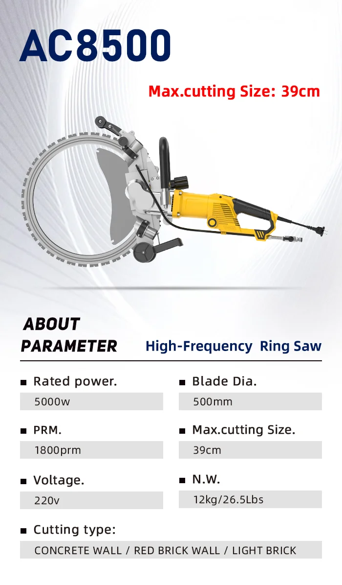 AC8500 500mm Electric Power Concrete Cutters 390mm Cutting Depth Wall Cutting Machine Ring Saw