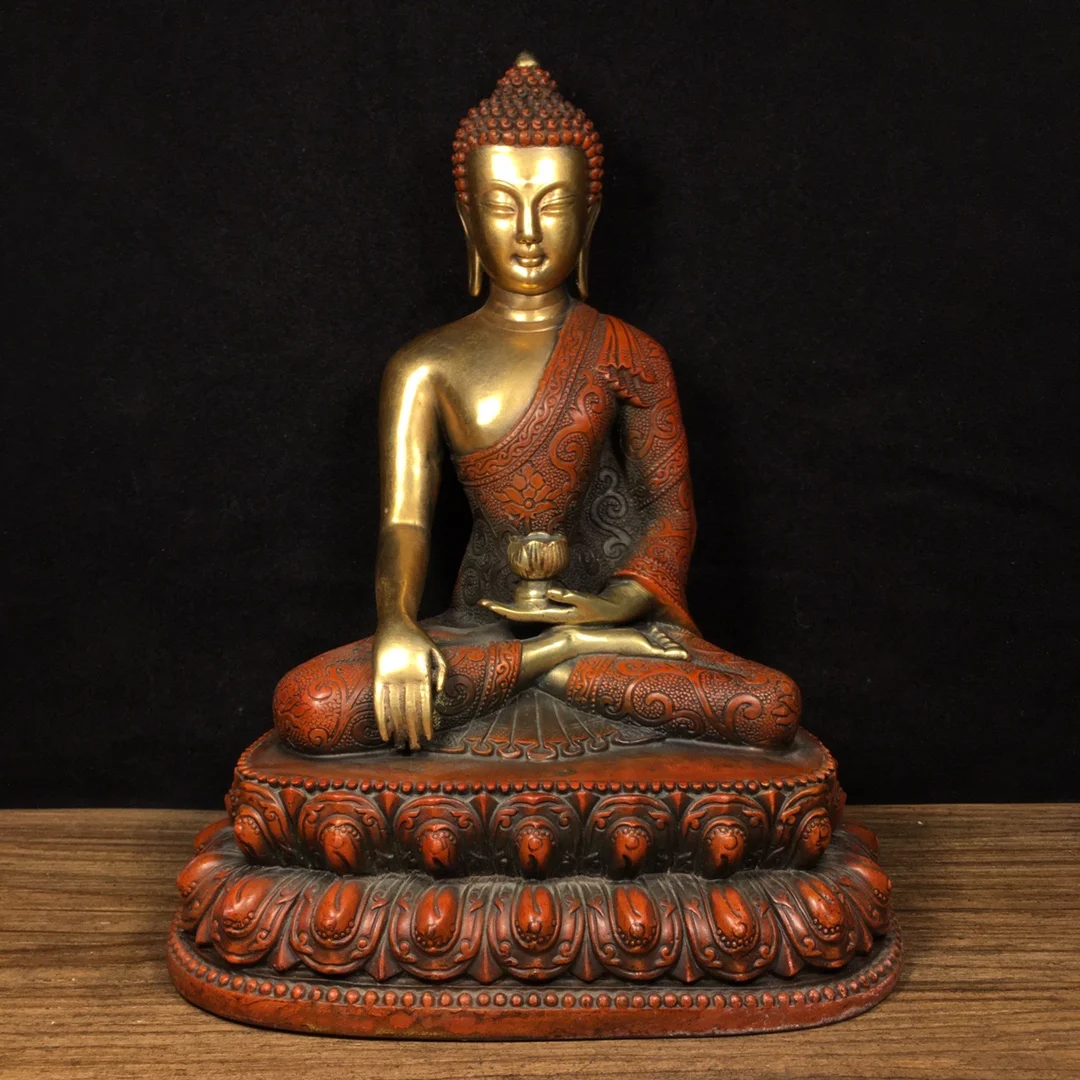 

9"Tibetan Temple Collection Old Bronze Gilded True Gold Lotus Buddha Shakyamuni Amitabha Double Lotus Terrace worship hall