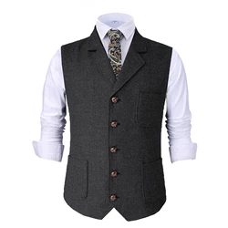 Men's Suit Vest Herringbone Brown Vintage Wedding Groomsmen Tweed Vest Waistcoat for Men