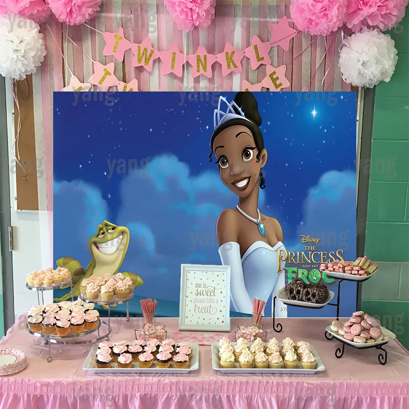 Tiana Princess and The Frog Backdrop Party Custom Disney Blue Background Baby Shower Girls Birthday Moon In The Sky Decoration