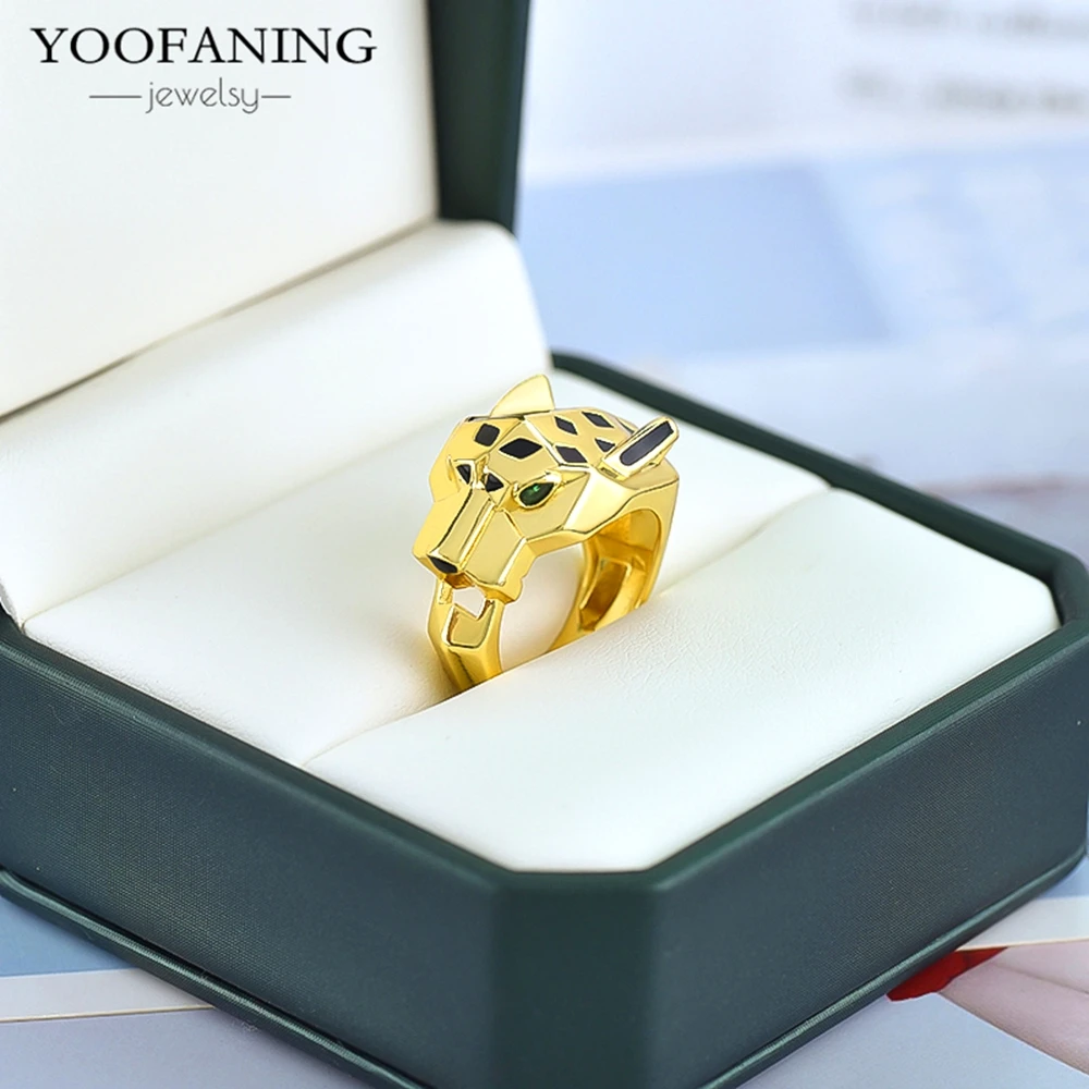 FOOANING24K cincin desain hewan motif macan tutul unik cincin pria dan wanita modis ukuran 6/7/8 mewah pesta perhiasan