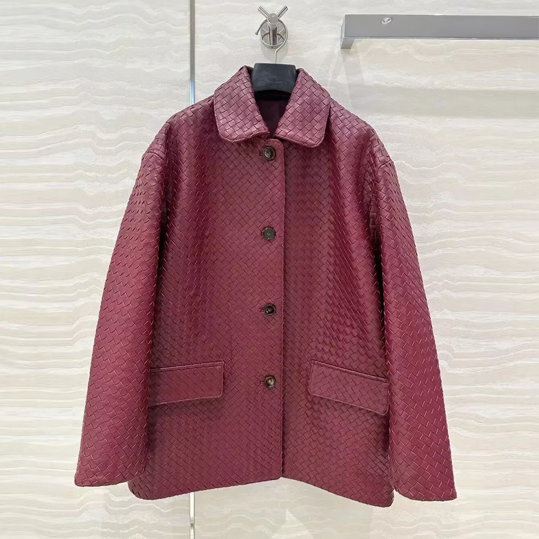 ヴィンテージ風クロシェ格子柄100%羊革レザージャケット レディース ラペル 長袖 シングルブレスト ポケット付き ストリートウェア ロングジャケット