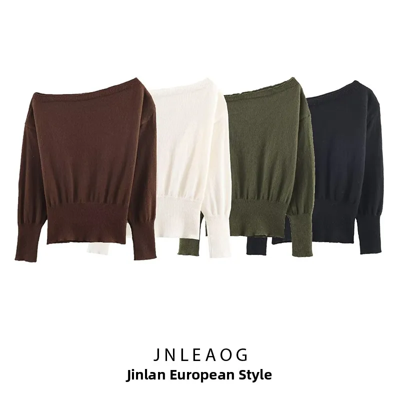 Fashionable Knitted Long Sleeve Shoulder Bared One-Shoulder Sweater for Women Autumn New Style JNLEAOG Polyester Fiber Casual...
