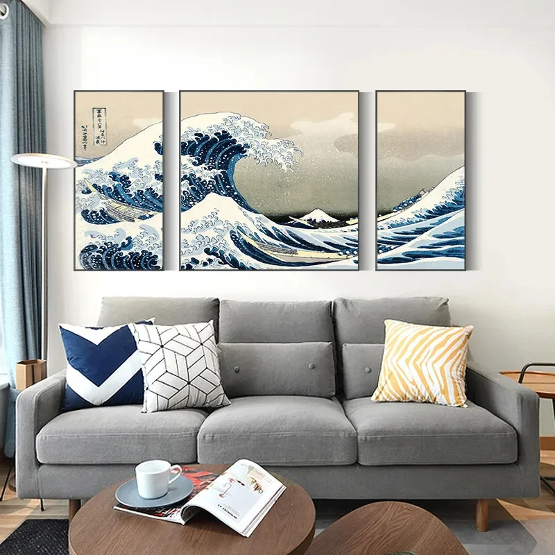 3 Panels Japanese Wave Kanagawa Canvas Paintings Traditional Wall Art Posters and Prints Pictures For Living Room Home Decor