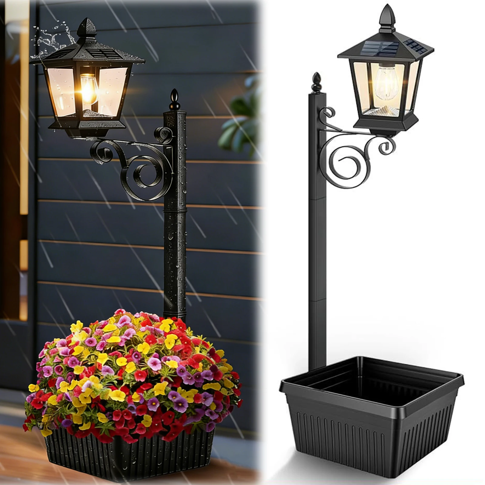 2 In 1 Solar Lamp Post Light with Planter Freestanding Planters Lamp Decorative Solar Lamp for Outside/Front Door/Yard/Lawn