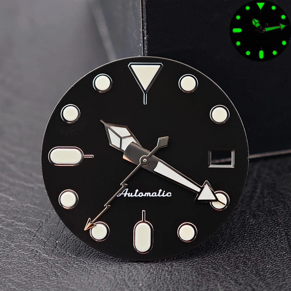 28.5mm Black Green Luminous Dial & Hands Set, Single Double Date Window Fit NH35 NH36 Automatic Watch Mod Replacement Parts