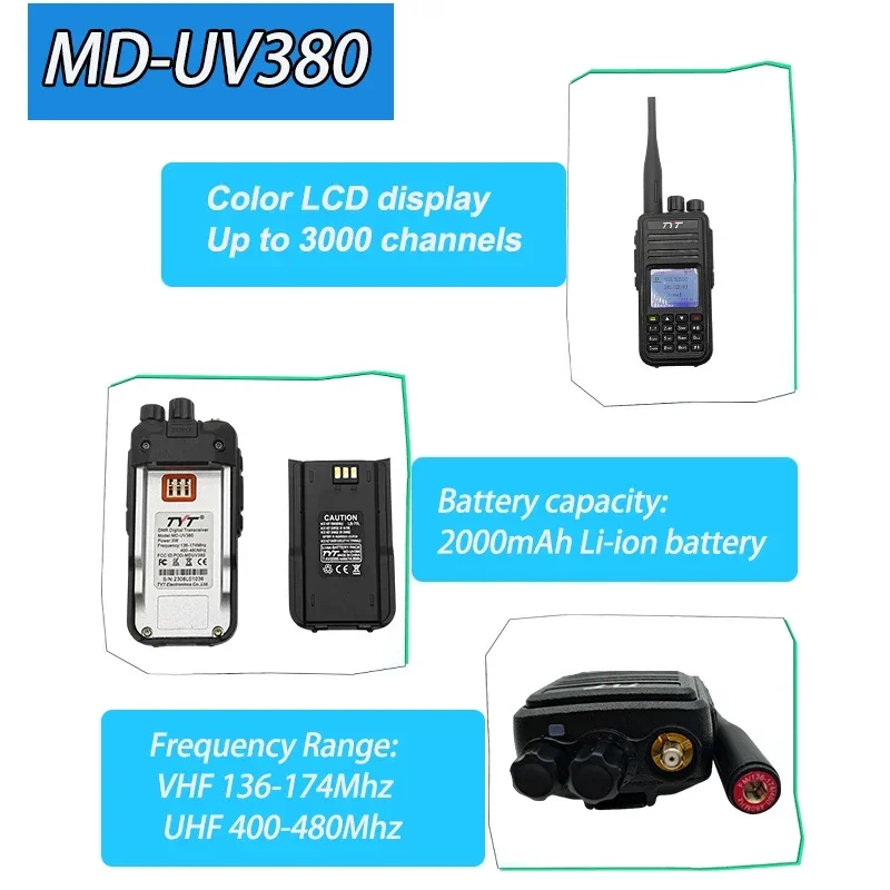 

Рация TYT MD-380 DMR, портативная, двухдиапазонная, цифровая, UHF/VHF, с большим радиусом действия, для использования на открытом воздухе, FM-модуляция, тип GMRS.