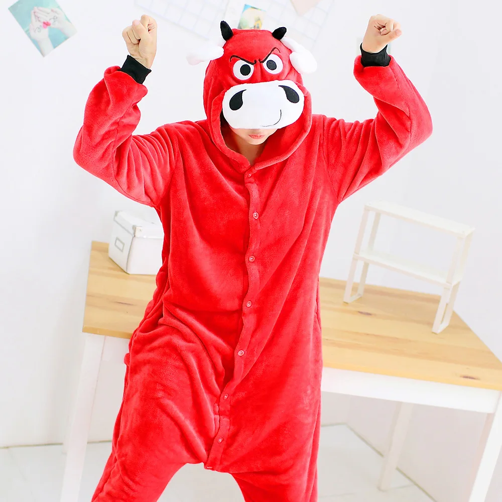 Halloween Cute Red Cattle Flannel One-piece pajamas Button Onesie Cosplay Couple Sleepwear Comfortable Hooded Leisure wear