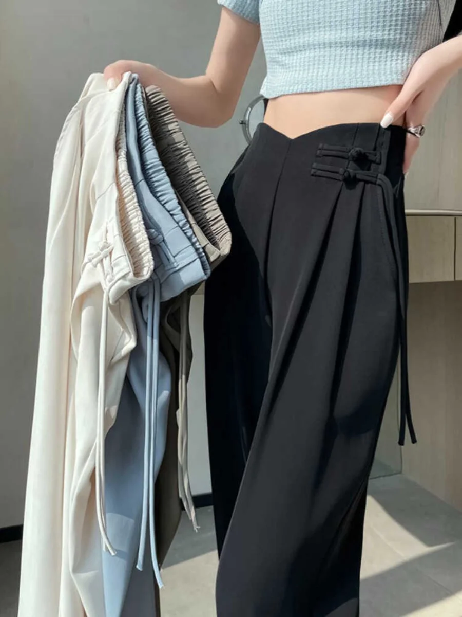 

High Waist Wide Leg Pants Summer Ice Silk Chiffon Drapey Thin Formal Straight Cut Casual Trousers for Women