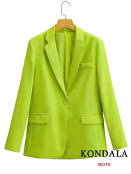 KONDALA Office Lady solidny fluorescencyjny zielony damski V Neck Oversized Blazer zapinany na jeden guzik kurtki moda 2022 kieszenie Blazer