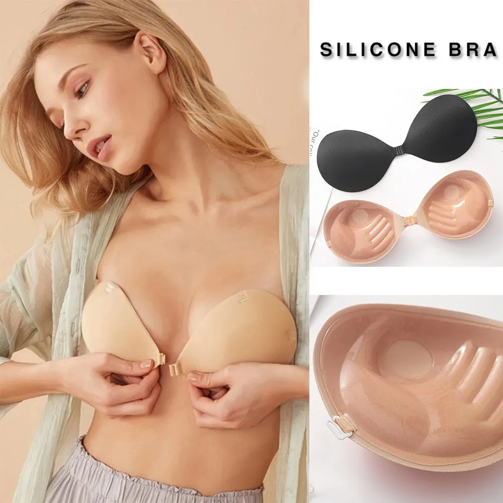 Soutien-gorge Push-Up Invisible en Silicone pour Femme, Auto-Adhésif, Sans Couture, Fermeture Frontale, Collant, Dos aux, Sans Bretelles