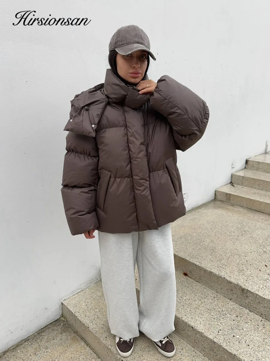 سترة Hirsionsan 2025 كاجوال لتنحيف الخصر مع غطاء للرأس متوسطة قصيرة من القطن للخبز سترة نسائية من القطن السميك باللون البني #6