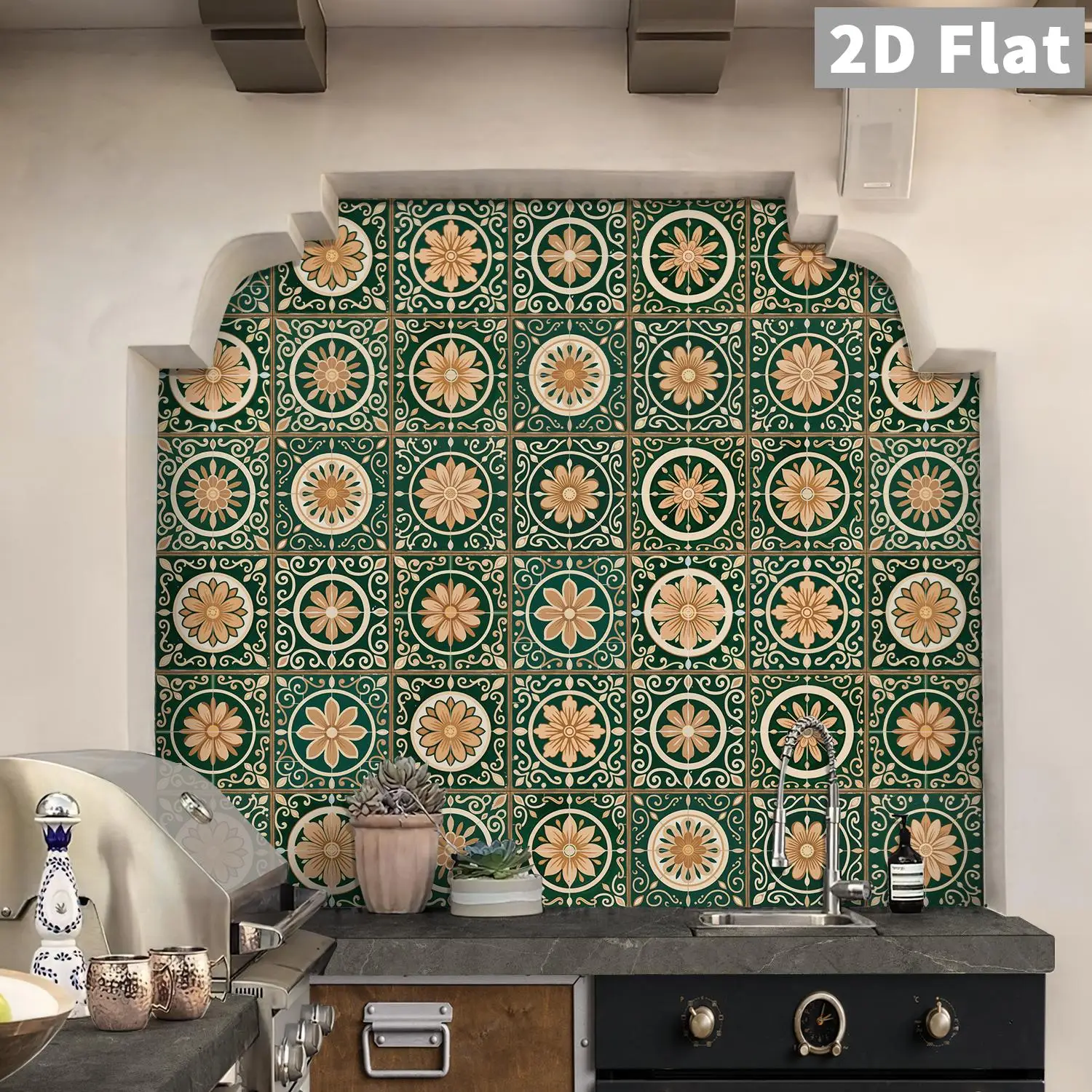 Grün-Braune Retro Blumenfliesen, Keramikfliesen-Aufkleber, Küche, Badezimmer, Wohnzimmer Hintergrundwand Dekorationsaufkleber – Detail 9