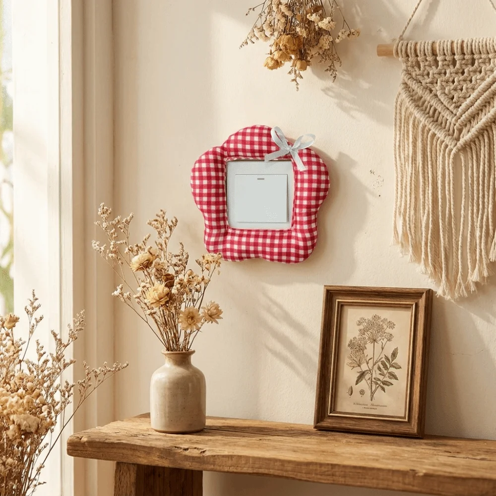 Soft Plaid Fabric Switch Cover Lightweight Flexible Structure Flower Switch Cover Easy To Install Creative Design