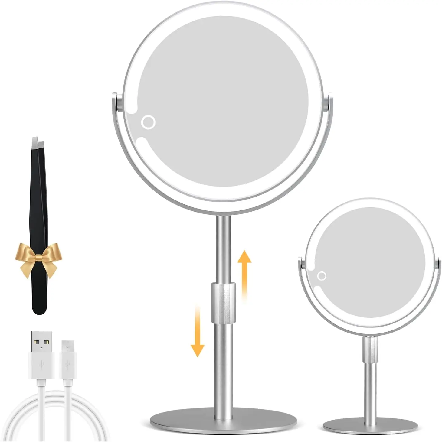 

20-кратное увеличительное зеркало с регулируемой подсветкой, 3 режима для макияжа, дизайн из серебряного алюминиевого сплава