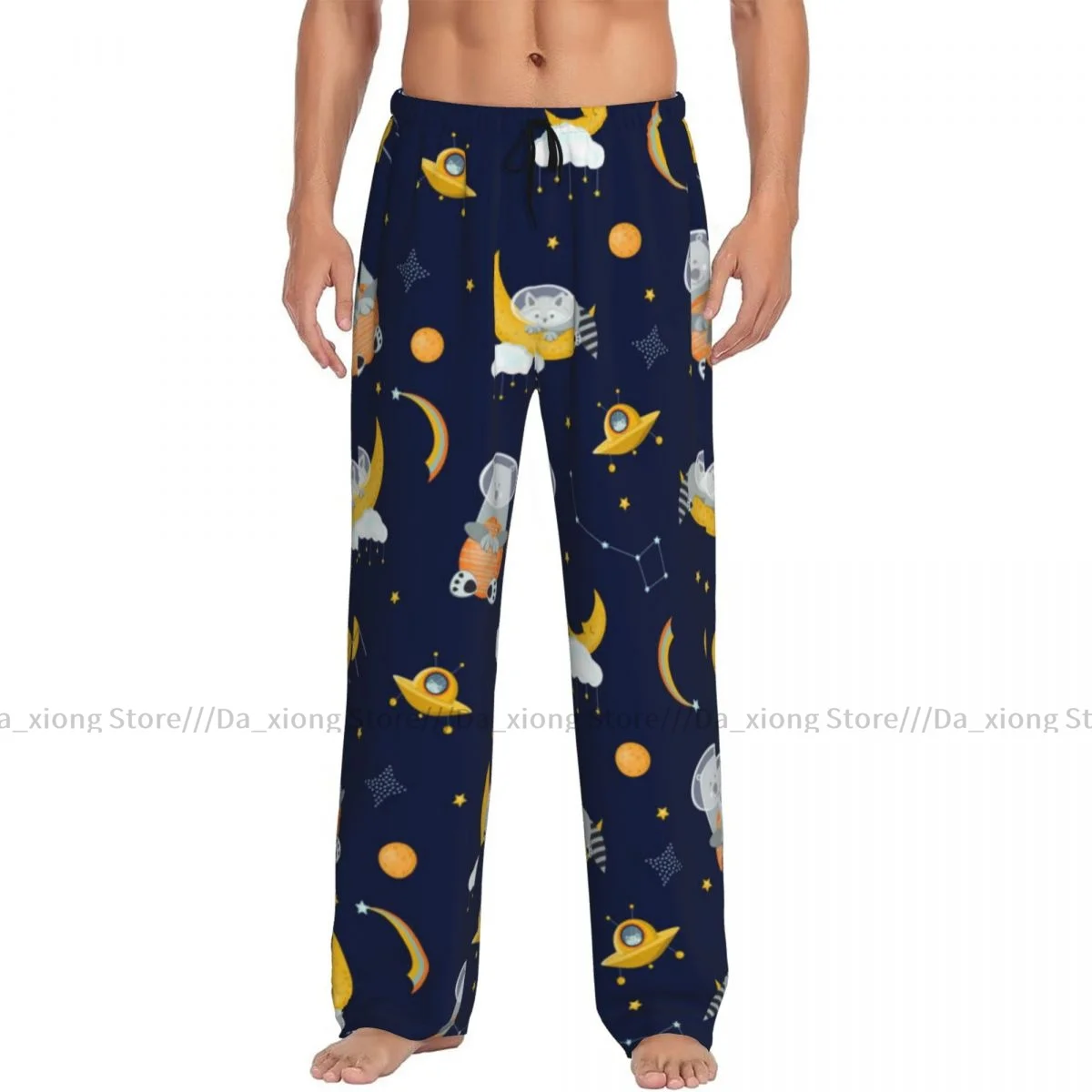 Mens Casual Pajama Long Pant Loose Elastic Waistband Cute Astronauts Raccoon And Bear In Space Cozy Sleepwear Home Lounge Pants