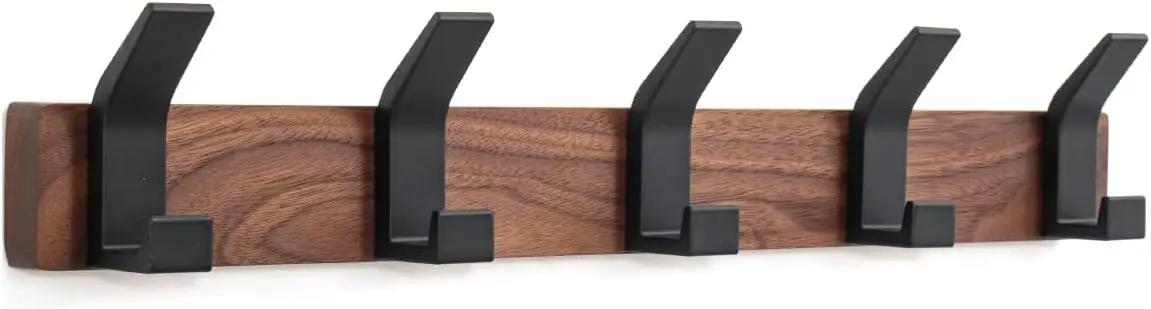 

Настенная вешалка для одежды с 5 крючками, из черного алюминия с защитой от ржавчины и дерева орехового цвета, для пальто, шляп, рюкзаков