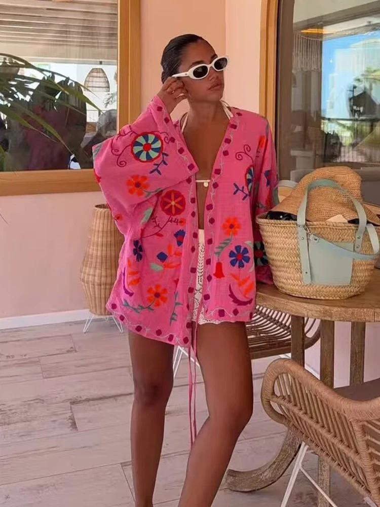 

Новый женский модный ретро-контрастный цветной кардиган с цветочной вышивкой в европейском и американском стиле, куртка на шнуровке, свободный повседневный топ