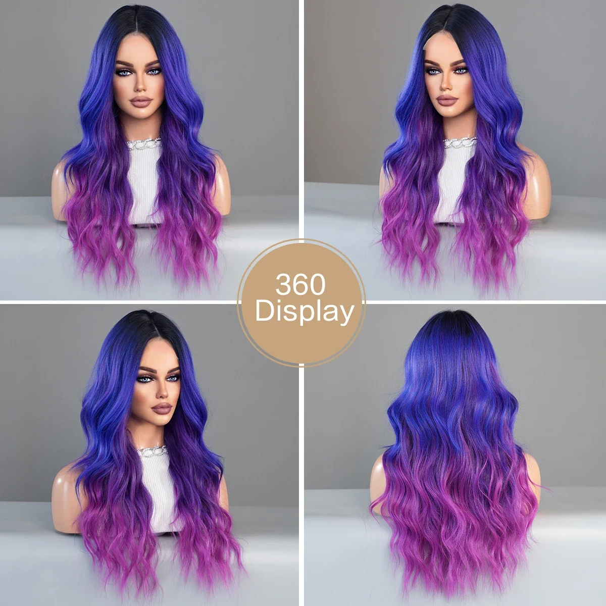 NAMM Lace Front Wig Synthetic Dream Blue Purple Highlights Long Wavy Wig for Women Natural Looking Lace Mid Split Wig