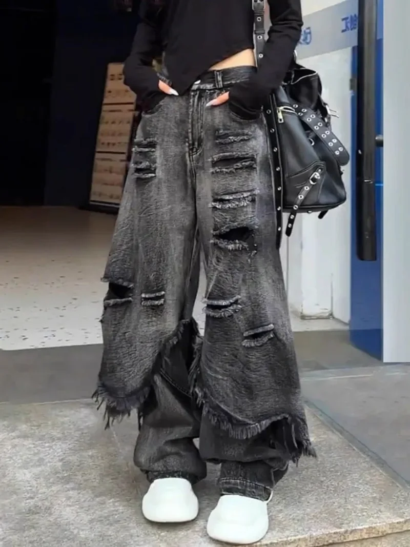 American Gothic Streetwear Loose Denim Pant Y2k Aesthetic Vintage Hole Lrregular Baggy Wide Leg Trousers Harajuku Tassel Pants
