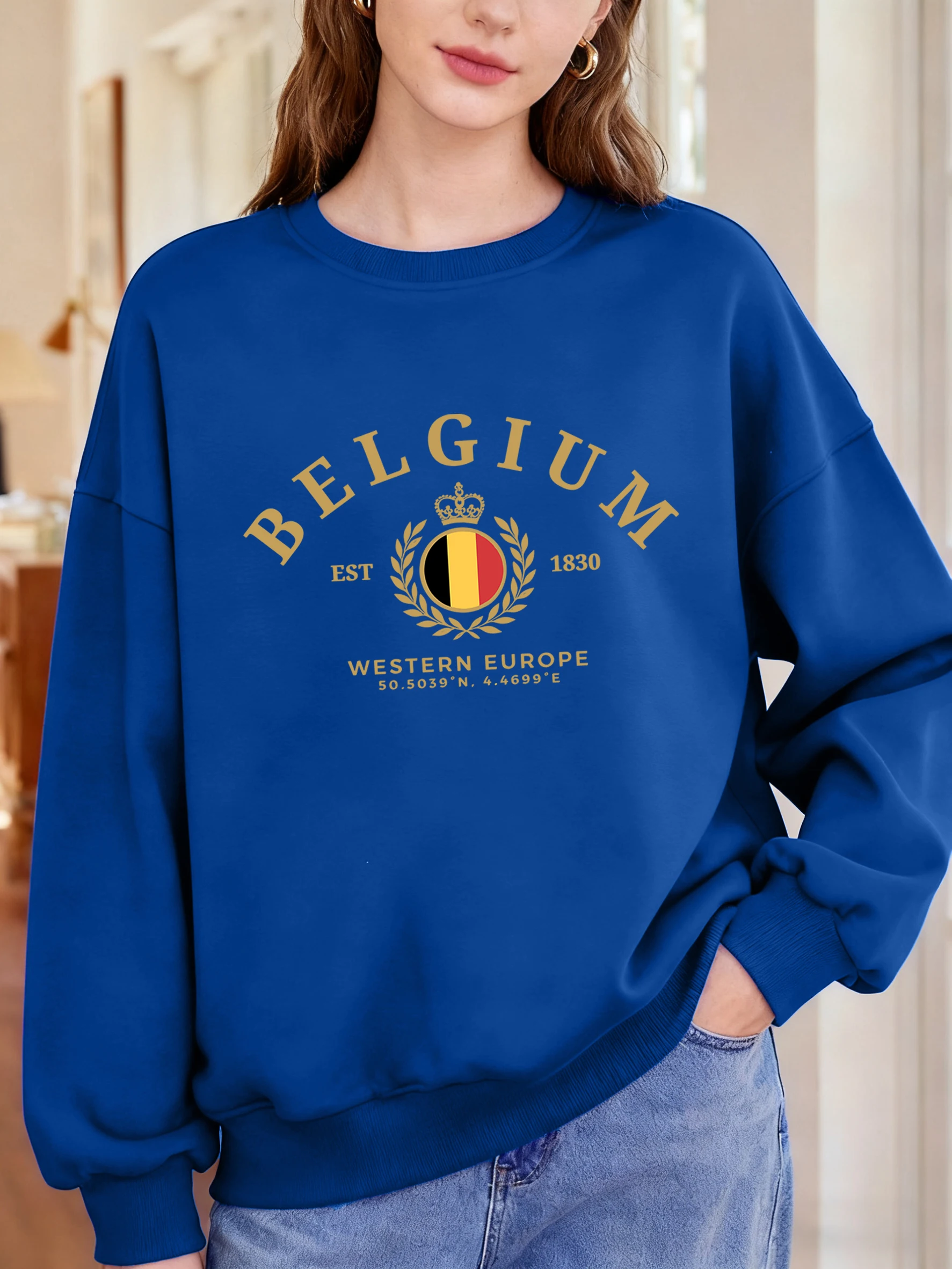 Belgio Europa occidentale Est 1830 Stampa Pullover da donna Girocollo Y2K Felpa Autunno Abiti larghi Spalla scesa Streetwear