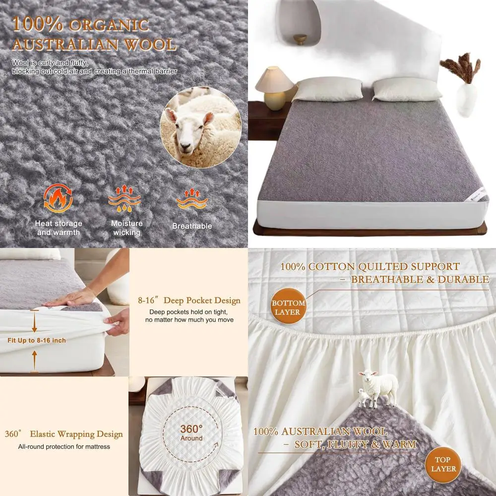 

Twin Size Organic Australian Wool Mattress Pad, Plush 370GSM Velvet Cover, 16 Pocket, 39x75 Gray