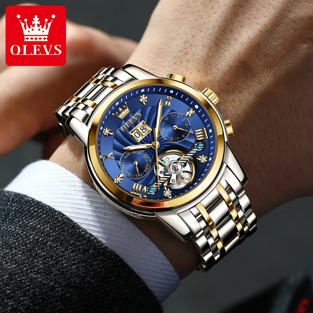 OLEVS Mens Watch Automatic Mechanical Tourbillon Slef-Wind Luxury Stainless Steel Strap Waterproof Luminous Date Wrist Watch