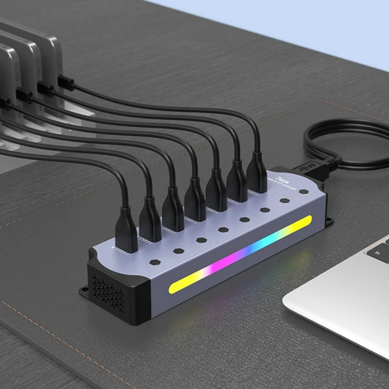 USB 3.0 허브, LED 스트립이 있는 7 포트 RGB 허브, 동적 모드, 스위치, PC용 알루미늄 케이스 허브, 노트북 EU 플러그