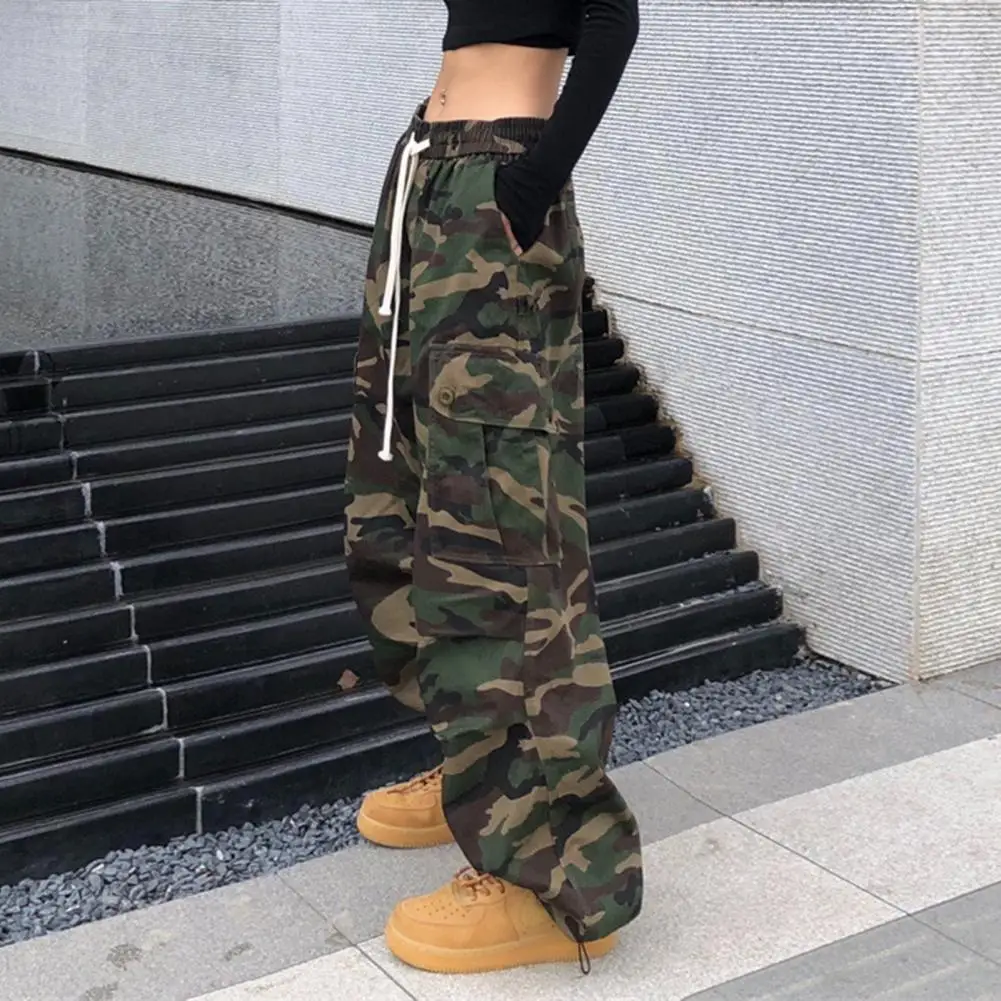 Loose Fit Women Trousers Adjustable Drawstring Women's Cargo Pants with Big Pockets for Leisure Wear Elastic Waist Loose Fit