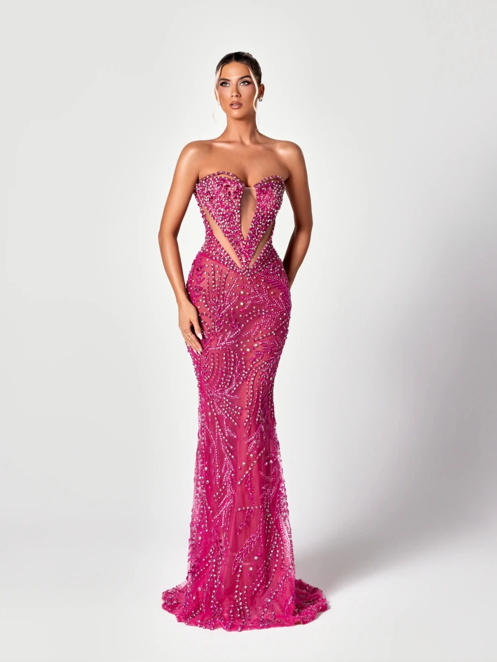 Nuevo adornado con cristales y cuentas vestido de noche largo ilusión Sexy vestido de fiesta de boda sin tirantes vestidos de graduación personalizados