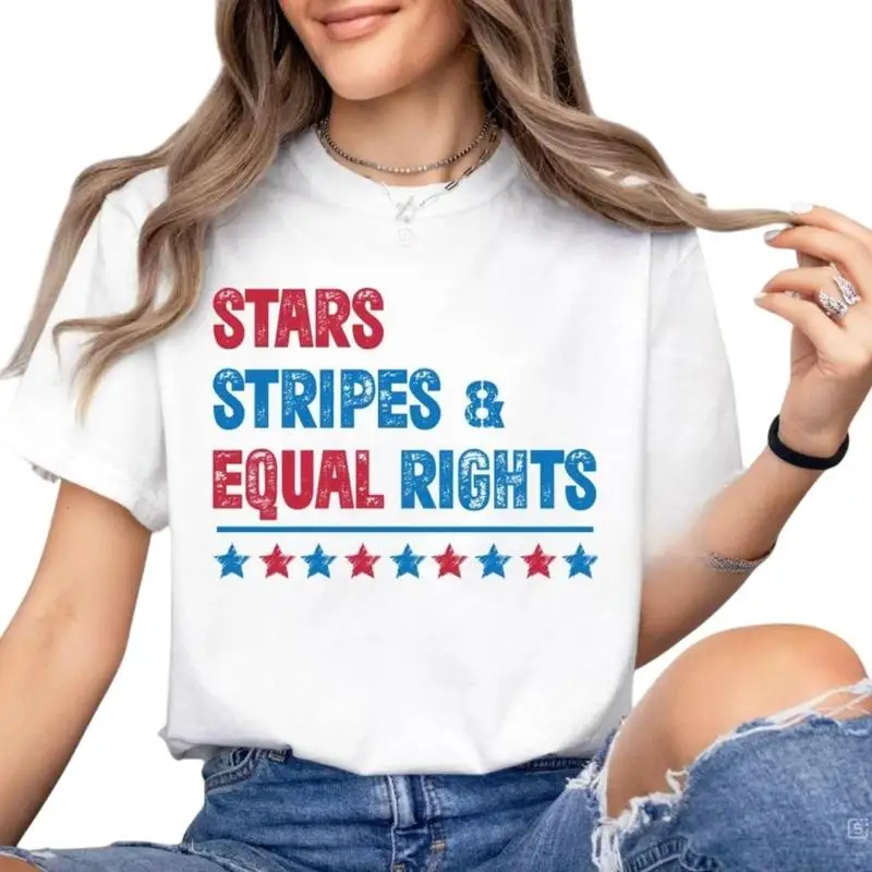 

Women's Patriotic Equality T-Shirt | "Stars Stripes Equal Rights" Graphic Tee | 4th of July American Justice Gift Top