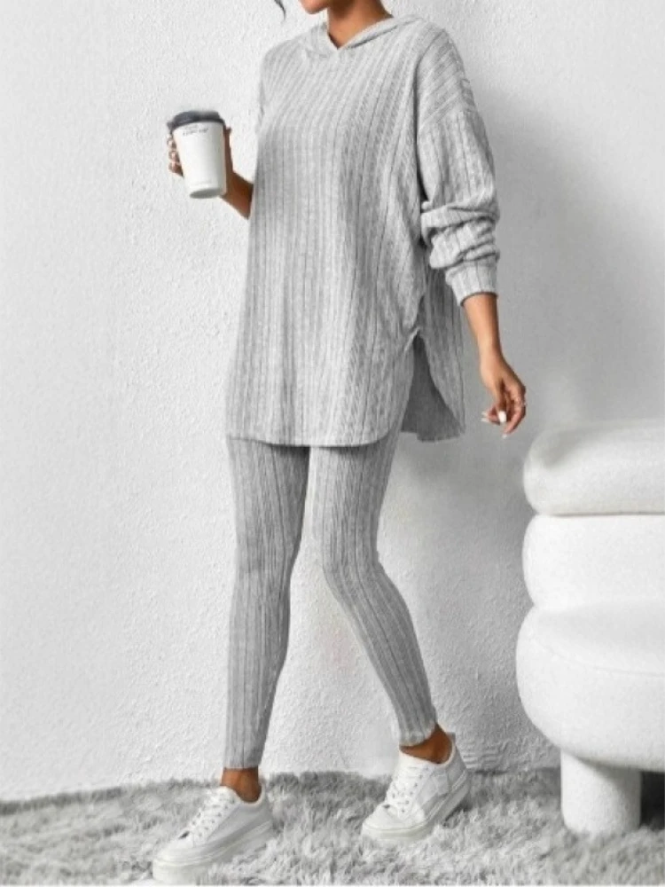 Autumn Wnter Women Clothing Pullover Casual Loose Hooded Long Tops Trousers Fashion Set Base Layer Female Vintage Two Piece Set