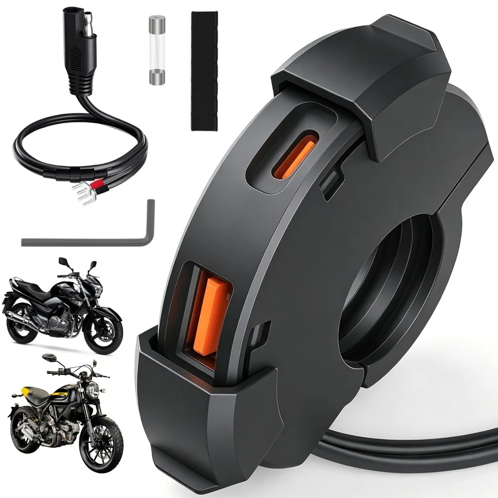 Ładowarka USB na kierownicę motocykla z podwójnym portem USB, pierścieniowy adapter do ładowania telefonu, zasilanie 12V z bezpiecznikiem i akcesoriami montażowymi do ładowania urządzeń mobilnych na