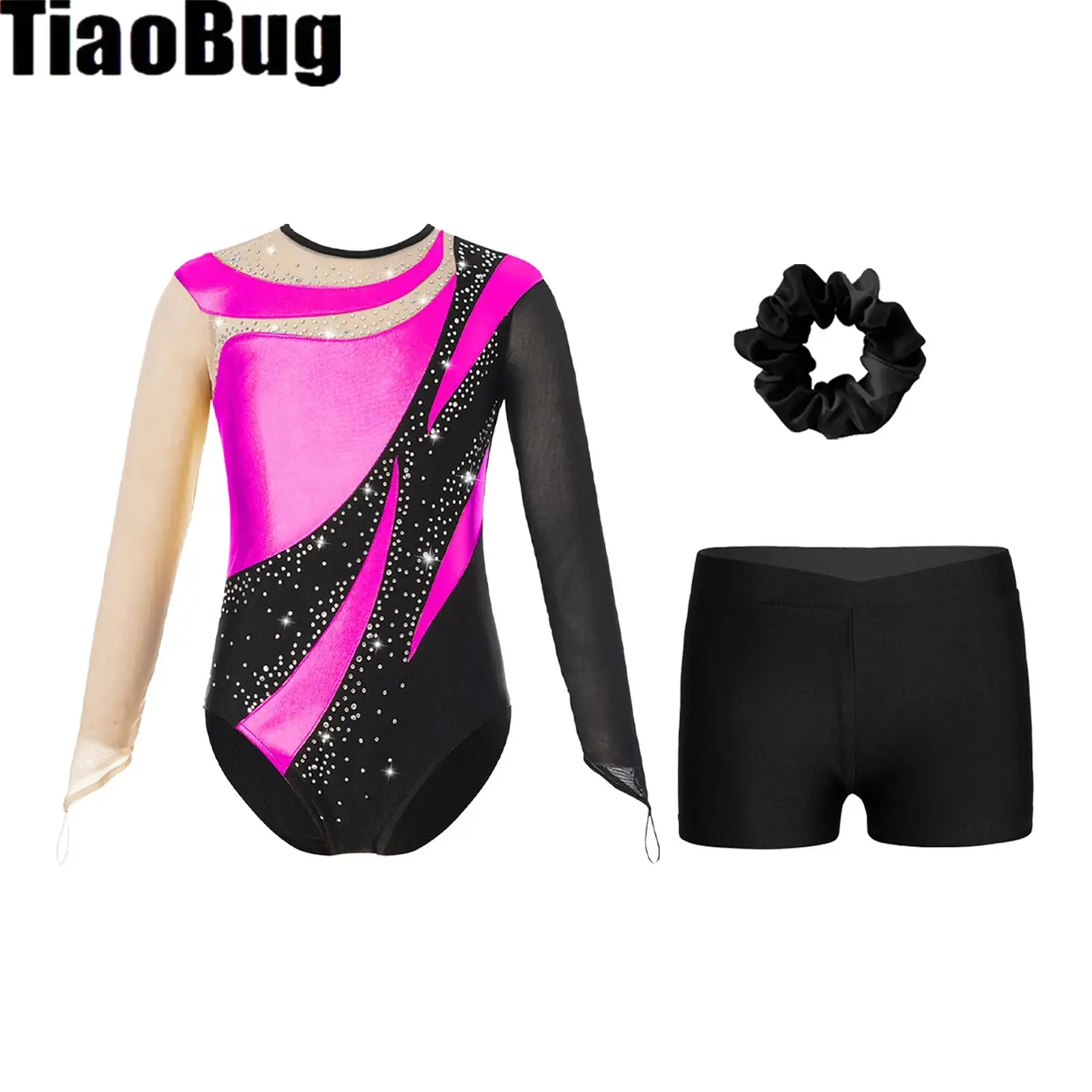 

Kids Girls Patchwork Ballet Set Cutout Back Leotard with V-front Waistband Shorts And Hair Tie Headwear for Gymnastics Skating