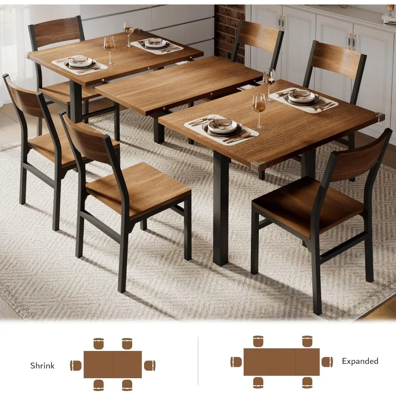 7-Piece Dining Table Set with 6 Chairs,   able with Metal Frame & MDF Board, Perfect for Small Space, Easy Clean, Walnut