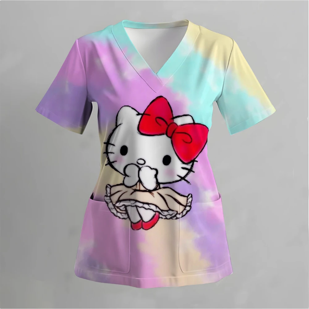 المرأة الكرتون مرحبا كيتي طباعة Kawaii ممرضة موحدة الدعك القمم قصيرة الأكمام جيب وزرة الزي الرسمي بلوزة التمريض الطبية