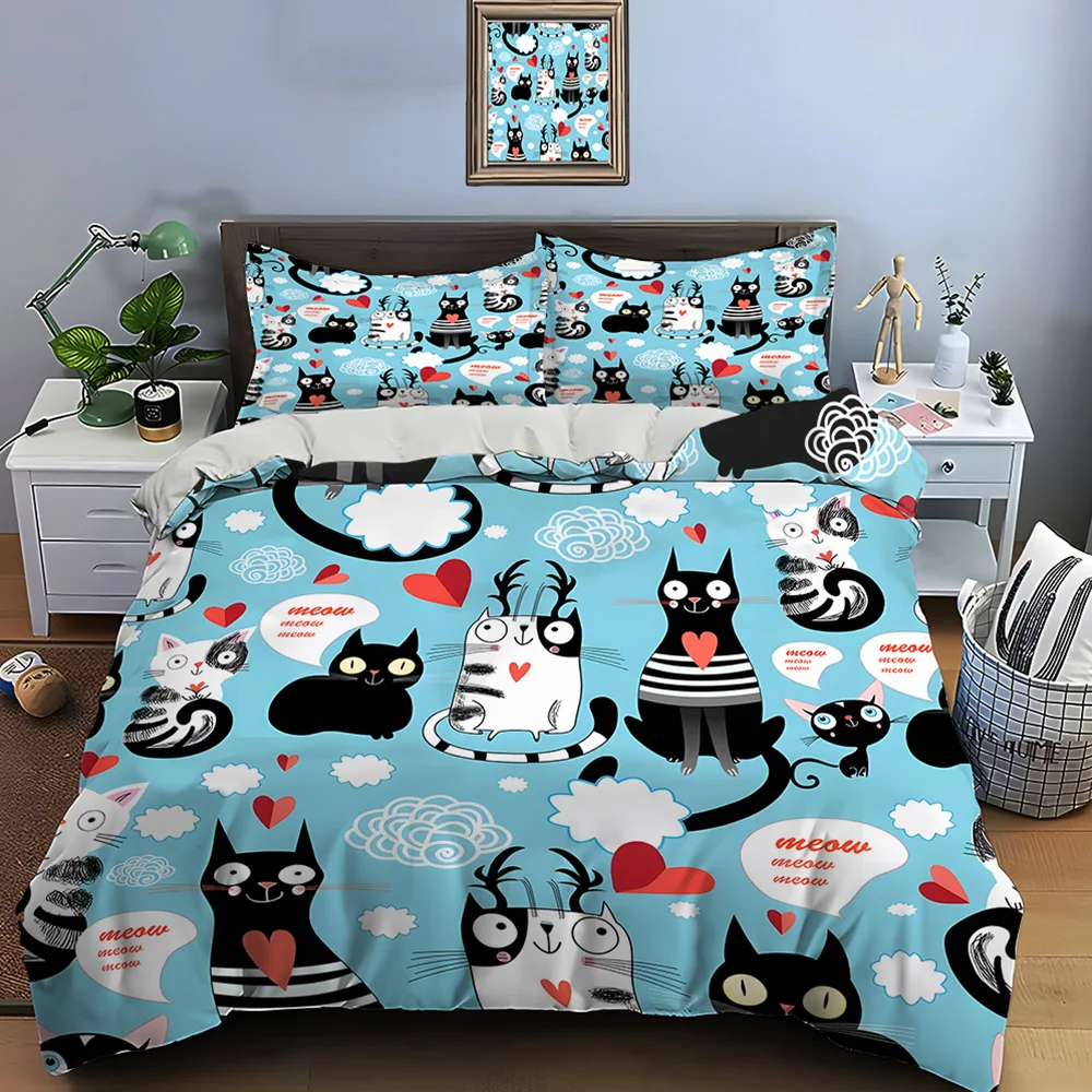 

Cartoon cat and heart illustration Bedding Set for Kids Luxury Gift 3pcs Digital Print Comforter Set Soft Comfortable Breathable